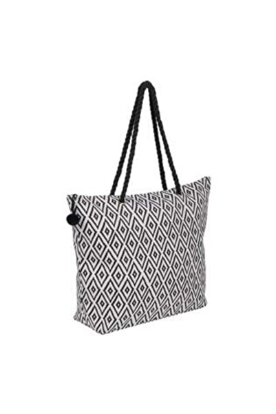 SHOPIENS Geantă de plajă cu model aztec alb-negru și pompon negru 42 x 15 x 4...