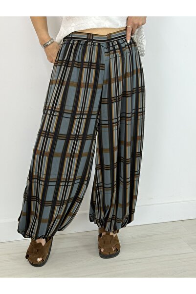 SİSTA MODA 8308 Plaid and Stripe Patterned, Fully Lined, Chiffon Shalwar Trou...