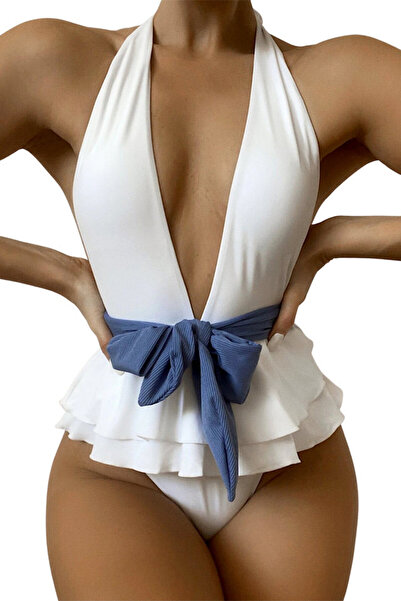 VeeShop One-piece swimsuit, deep neckline, drawstring at the waist and double...
