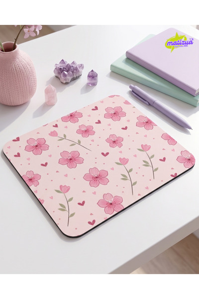 matizya Pembe Çiçek Desenli Kare Mouse Pad Kaymaz Tabanlı Aesthetic Mousepad ...