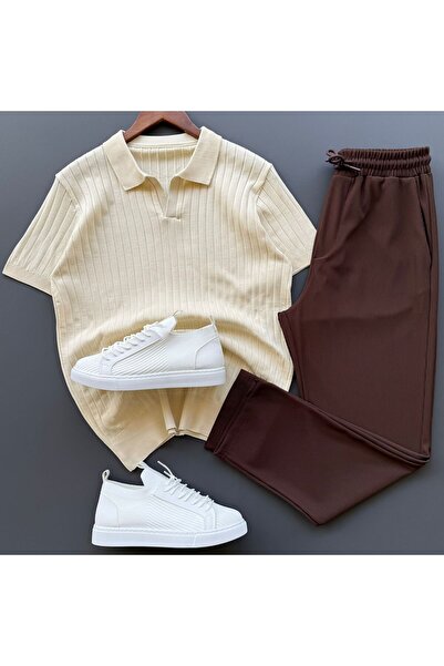 Beylerce Nurse Collar Ribbed Knitwear T-Shirt + Ribbed Trousers 2-Piece Combi...