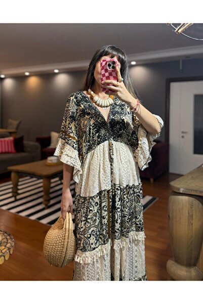 moda gk Nakış Detaylı Parlak Desenli Tasarım İpek Elbise