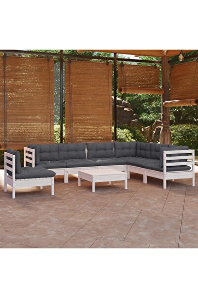 vidaxl Set mobilier de gradina cu perne, 8 piese, alb, lemn masiv pin