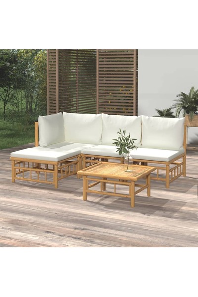 vidaxl Set mobilier de gradina cu perne alb crem, 2 piese, bambus