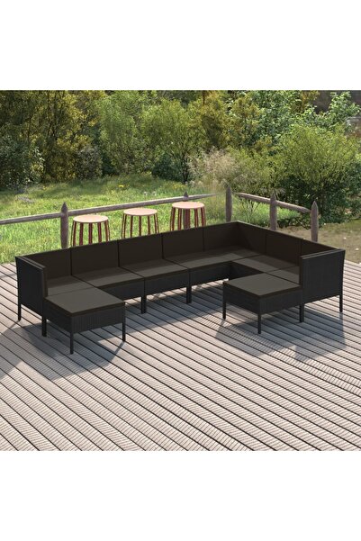 vidaxl Set mobilier de gradina cu perne, 9 piese, negru, poliratan