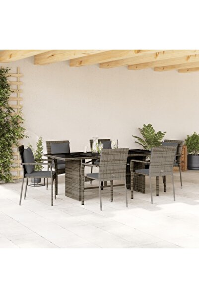 vidaxl Garden furniture set with cushions, 7 pieces, grey, polyrattan