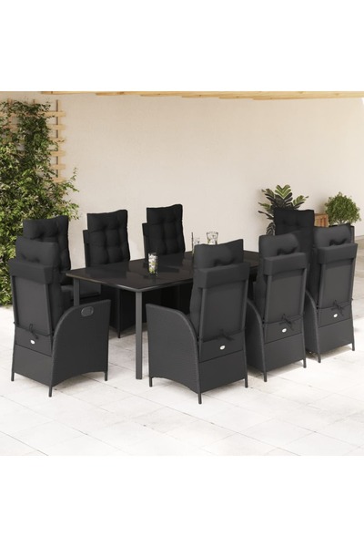 vidaxl Garden furniture set with cushions, 9 pieces, black, polyrattan
