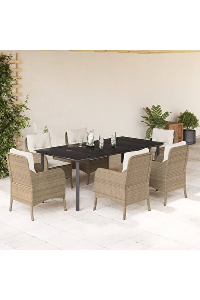 vidaxl 7-piece garden table set with cushions, beige, polyrattan
