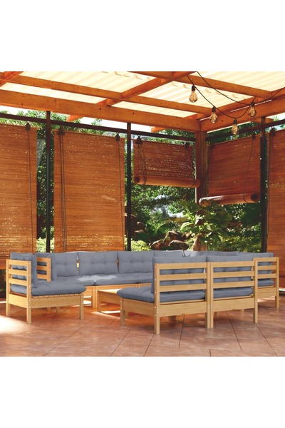 vidaxl Set mobilier gradina cu perne, 10 piese, gri, lemn masiv pin