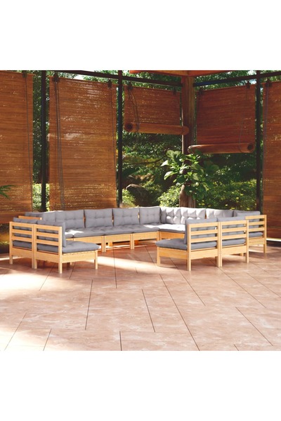 vidaxl Set mobilier gradina cu perne, 12 piese, gri, lemn masiv pin