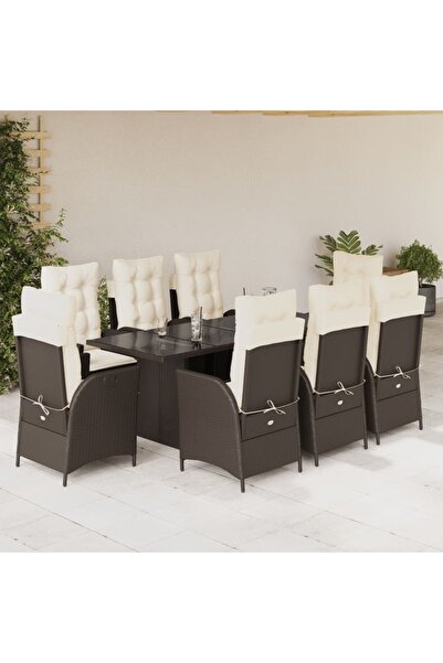 vidaxl Garden furniture set with cushions, 9 pieces, brown, polyrattan