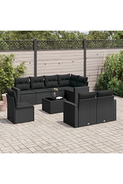 vidaxl Set mobilier de gradina cu perne, 9 piese, negru, poliratan