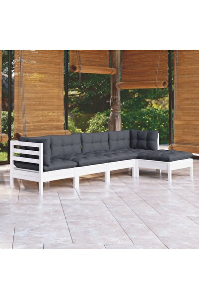 vidaxl Set mobilier gradina cu perne, 5 piese, alb, lemn de pin