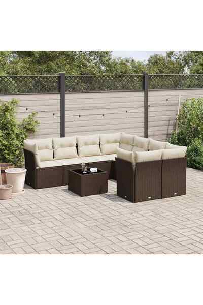 vidaxl Garden sofa set with cushions, 9 pieces, brown, polyrattan