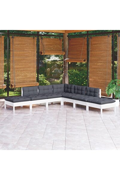 vidaxl Set mobilier de gradina cu perne, 7 piese, alb, lemn masiv pin