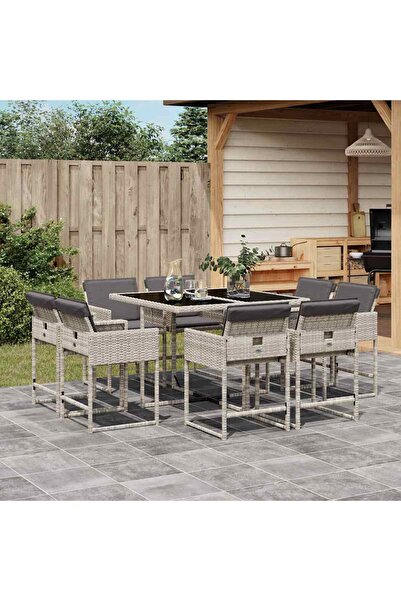 vidaxl Set mobilier gradina cu perne, 9 piese, gri deschis, poliratan