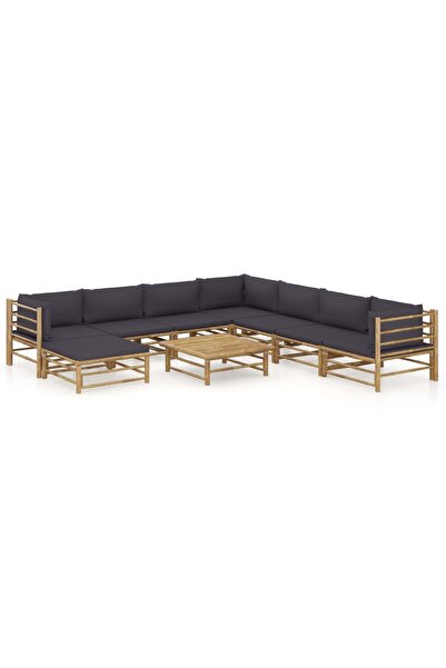 vidaxl Set mobilier de gradina cu perne gri a®nchis, 9 piese, bambus