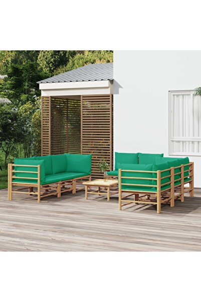 vidaxl Set mobilier de gradina cu perne verzi, 9 piese, bambus
