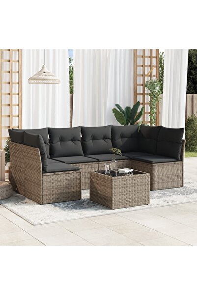 vidaxl Set canapele de gradina, 7 piese, cu perne, gri, poliratan