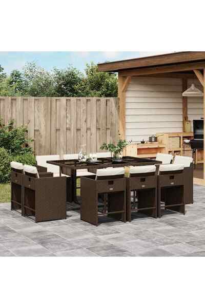 vidaxl Set mobilier de gradina cu perne, 11 piese, maro, poliratan