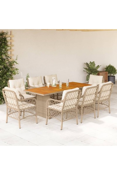 vidaxl 9-piece garden table set with cushions, beige, polyrattan