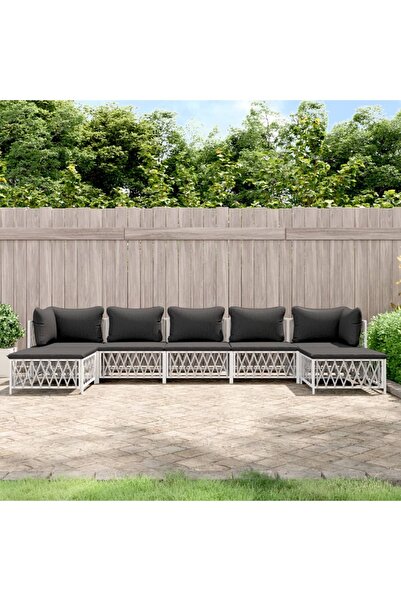vidaxl Set mobilier de gradina cu perne, 7 piese, alb, otel
