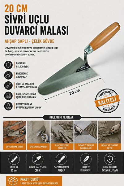 Keyfi Sepet 20 Cm Profesyonel Duvarcı Malası Çelik Gövdeli Ahşap Saplı Mala