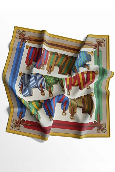 AFVENTE Belt Pattern Mustard-Cream Soft Foulard Scarf 90X90 cm