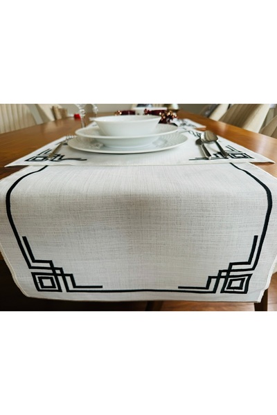 She Combines Geometric Black Embroidered 19-Piece Dowry Tableware Set for 6 People, Presentation and Supla Set