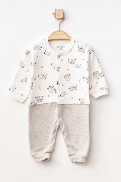 Aziz Bebe Baby Boy Lamb Patterned Jumpsuit with Snap Fasteners 0 Month - 6 Mo...