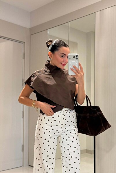 Gizem Ecemiş Verona Kahve Dik Yaka Poplin Gömlek