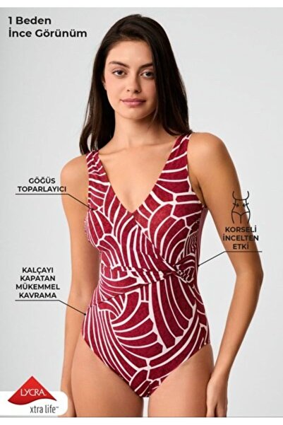 Kom Women's Burgundy Patterned V-Neck Slim Covered Corset Gathering Swimsuit