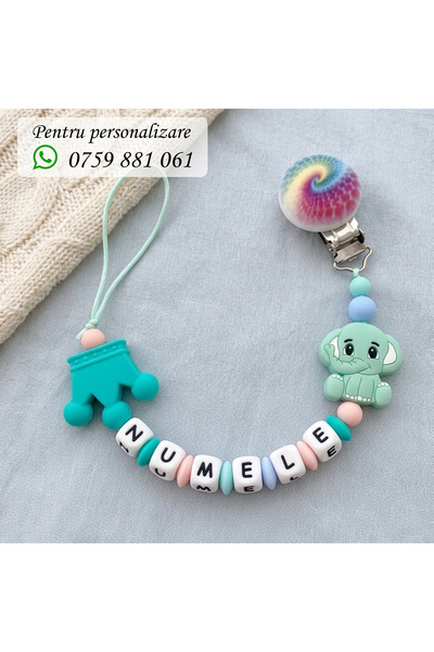 OEM Pacifier chain, personalized with baby's name, GREEN ELEPHANT