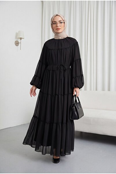 Modamorfo Elasticized Sleeves, Tieable Waist, Layered Ruffle Detailed Dress -...