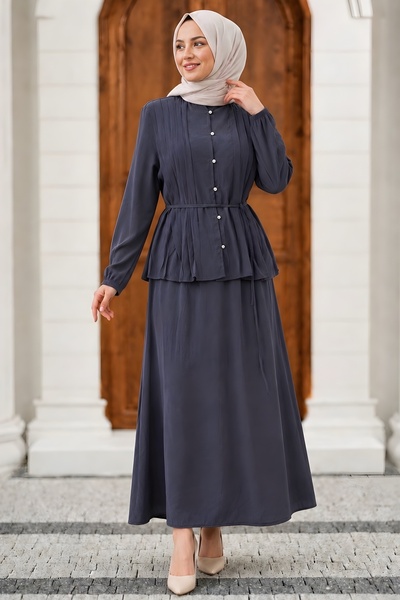 İmajButik Costum cu fustă din țesătură modal cu nervuri, guler înalt, antracit