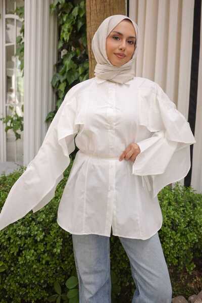 İmajButik Ecru Shirt with Cape Sleeves and Waist Tie