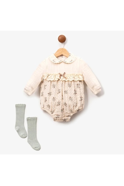 PofudukButik Pofuduk Butik Kız Bebek Vintage Çiçek Desenli Müslin Romper Tulu...