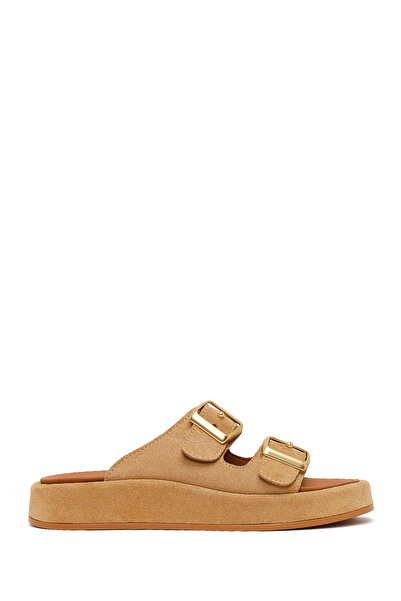 Derimod Women's Beige Double Buckle Thick Sole Suede Leather Slippers 26Pfd23...