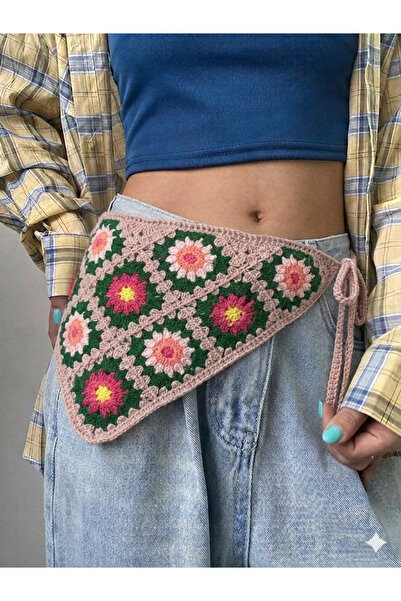 synshop Pink Green Knitted Sunflower Patterned Triangle Waist Bandana Women's...