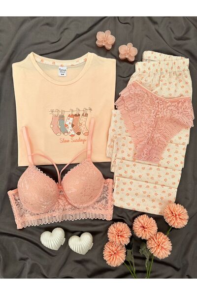 Lena Homewears Women's Patterned Cotton Short Sleeve Pajama and Underwear Set