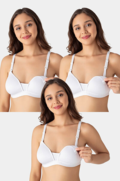 3-Pack White Women's Non-Balloon Lactation Bra Nipple Invisible Cotton Soft Texture