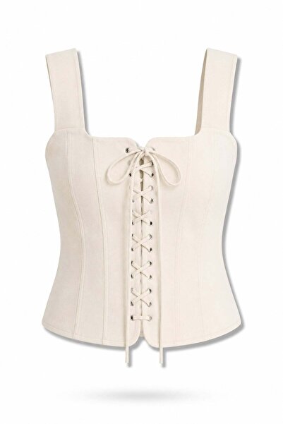 5in1Canpolat Bustieră corset bej cu detalii de legare 3340