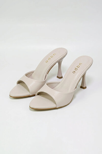 uqpe Lumia Shiny Single Strap Pointed Toe Goblet Heeled Slippers - Ecru Skin