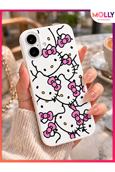 Molly iPhone 16 İçin Beyaz Bow Kitty Desenli Silikon Kılıf
