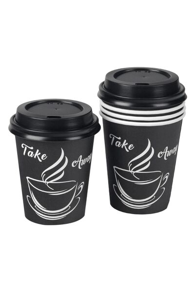 Zumzeria Pahare de carton pentru cafea cu design alb și capac negru 270ml - 3...