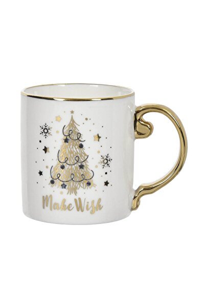 Zumzeria Christmas Mug New Bone White with Golden Handle & Edge Pine Snowflak...