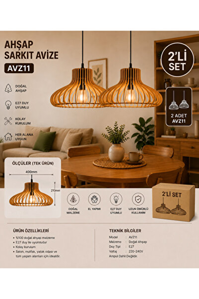 avizon 2’li Ahşap Sarkıt Avize AVZ11 E27 Uyumlu Modern Dekoratif Avize Seti