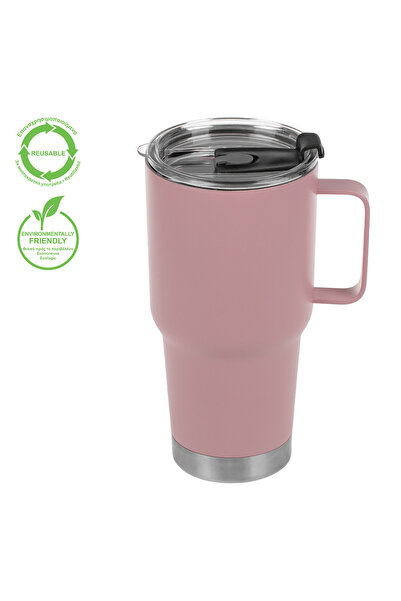 OEM Matte Pink Metallic Thermos Cup with Handle & Transparent Cap 845ml