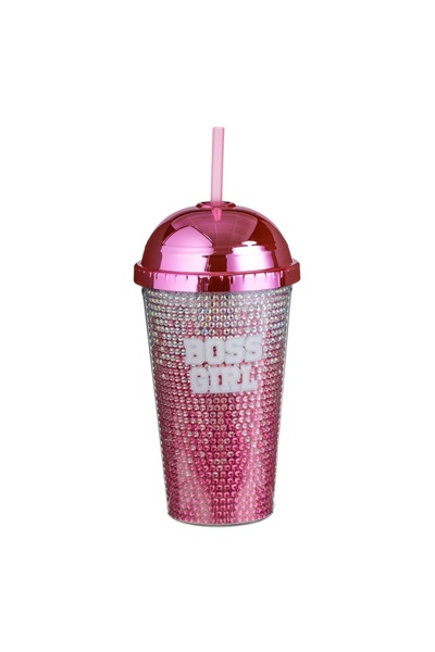 Zumzeria Pahar de plastic cu capac și pai, fucsia, cu strasuri, Boss Girl, 475ml