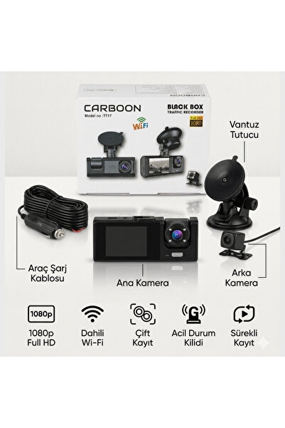 CARBOON T717 Araç Kamerası Full HD 1080P WiFi Ön Arka Gece Görüşlü Araç İçi K...